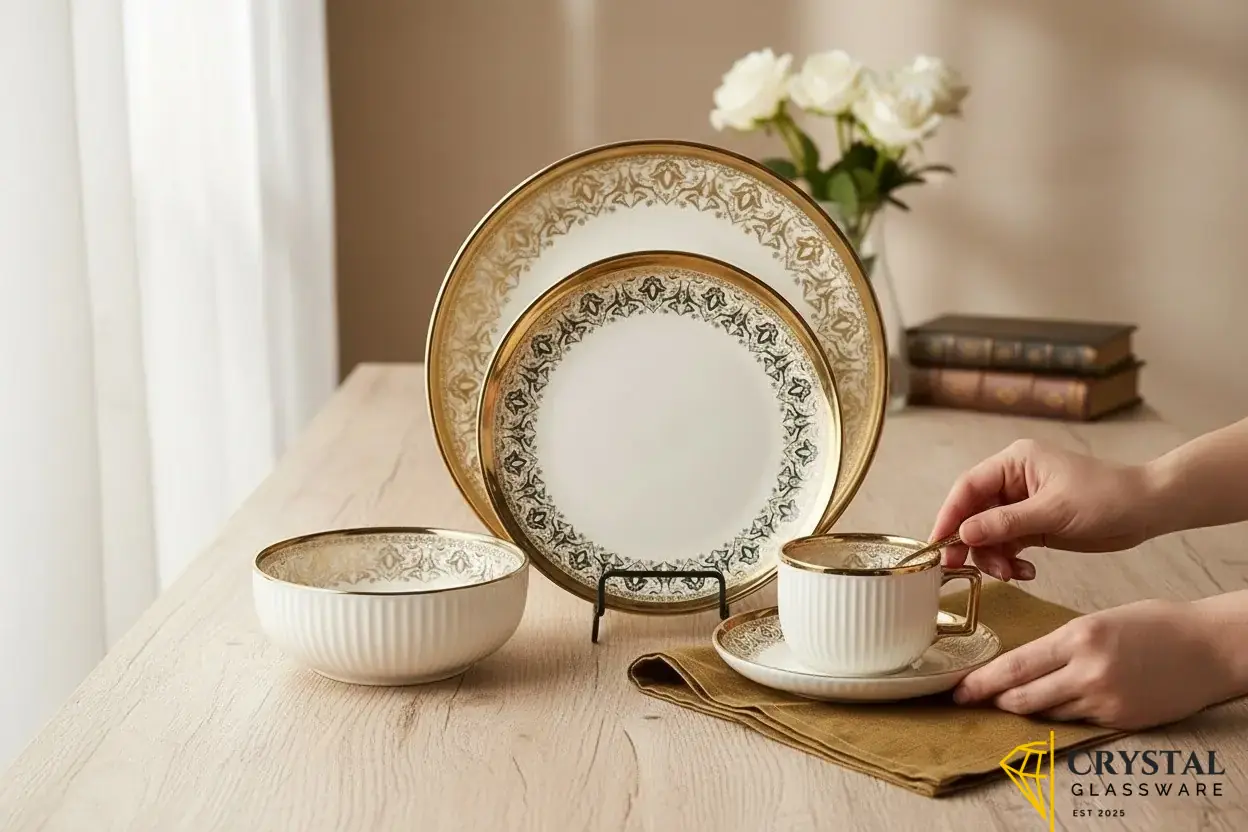 32 Piece Noritake Summit Gold dinner plate, featuring a wide, etched gold rim and a detailed, scrolled leaf pattern